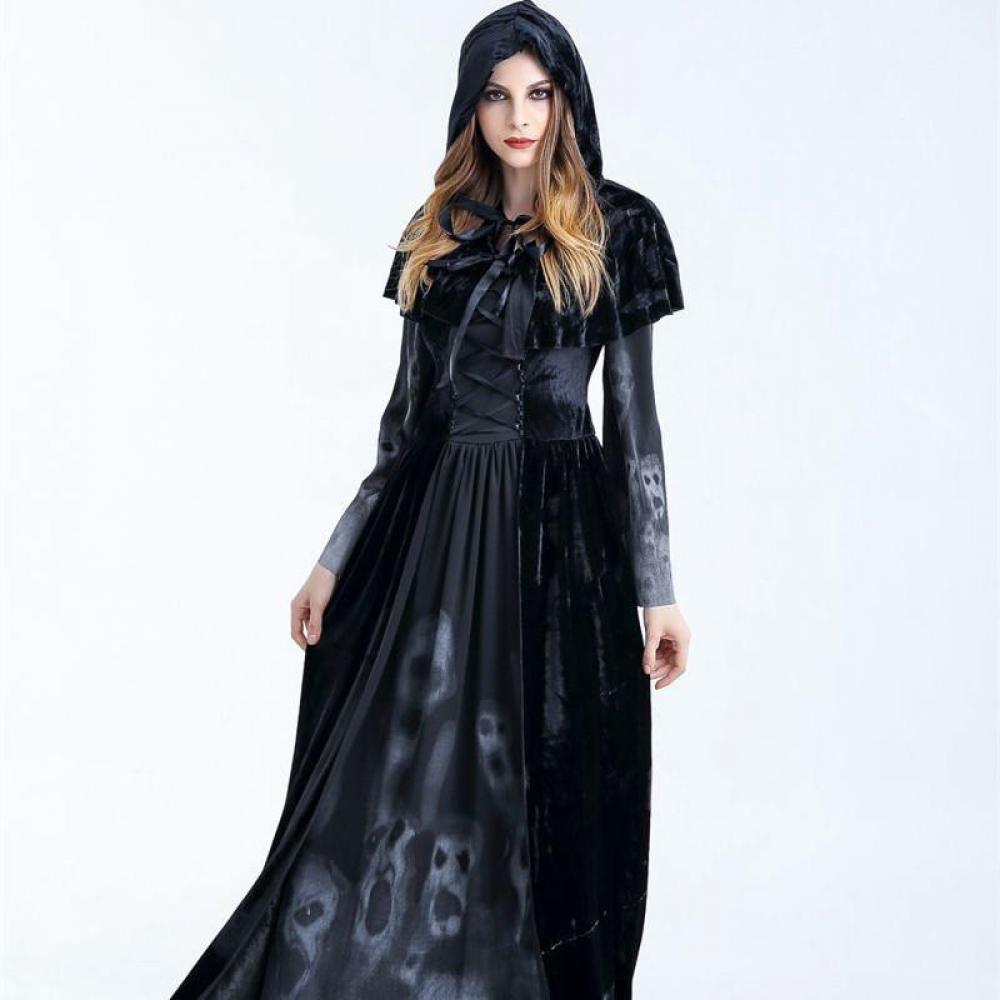 Halloween Femmes Médiéval Gothique Sorcière Maléfique Horreur Effrayant Cosplay Costume Carnaval Fête Fantôme Longue Robe Noire À Capuche