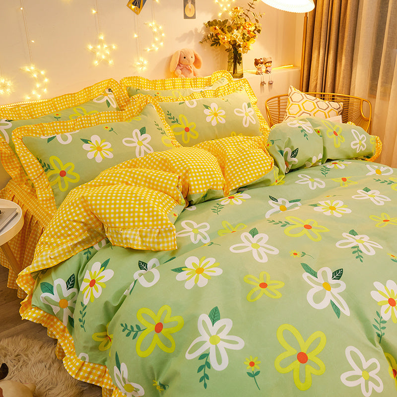 Housse de couette en coton à fleurs, drap de lit, jupe de lit, costume trois ou quatre pièces