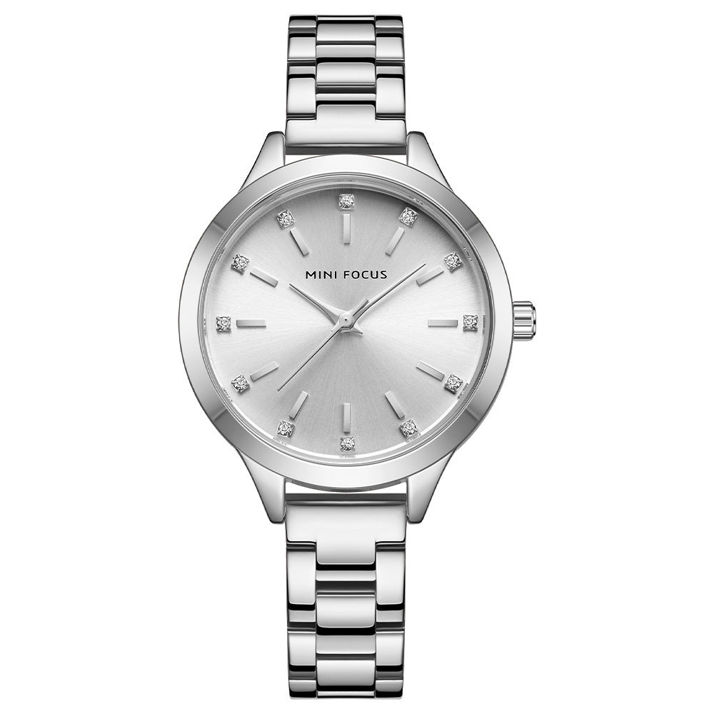 Montre simple étanche avec bracelet en acier massif et strass pour femmes