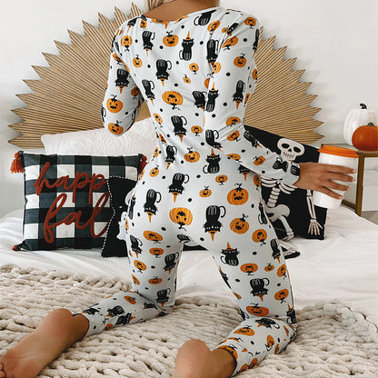 Mono estampado de Halloween, pijamas de manga larga para el hogar, pantalones casuales, ropa Cos para mujer