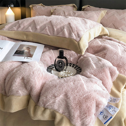 A Four Piece Set Of Rabbit Hair And Milk Velvet Duvet Cover On A Baby Plush Bed