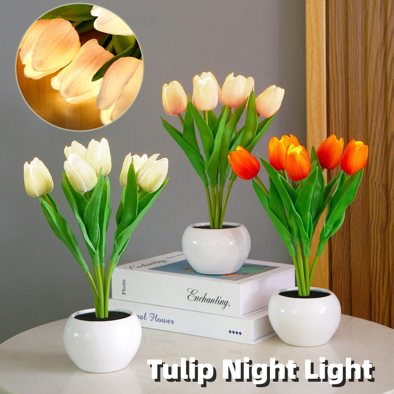 Luz LED nocturna de flor de tulipán, maceta Artificial, paisaje de plantas en maceta, lámpara de mesa, decoración para el hogar, dormitorio y sala de estar, regalo