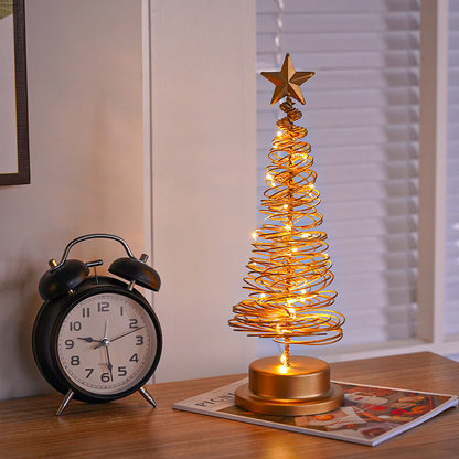 Adorno de mesa con luz en espiral de árbol de Navidad LED, lámpara de escritorio de hierro forjado para dormitorio, luz nocturna de ambiente navideño