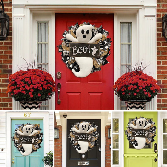 Corona de Halloween BOO Farmhouse-Ghost Wreath Decoración de pared interior para puerta de entrada al aire libre Panal Fantasma Globo sonriente para Halloween