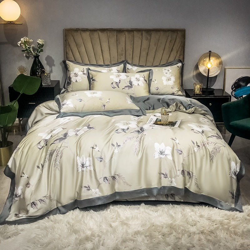 Double Sided Silk Printed Bed Set Of Four Pieces With Ice Silk