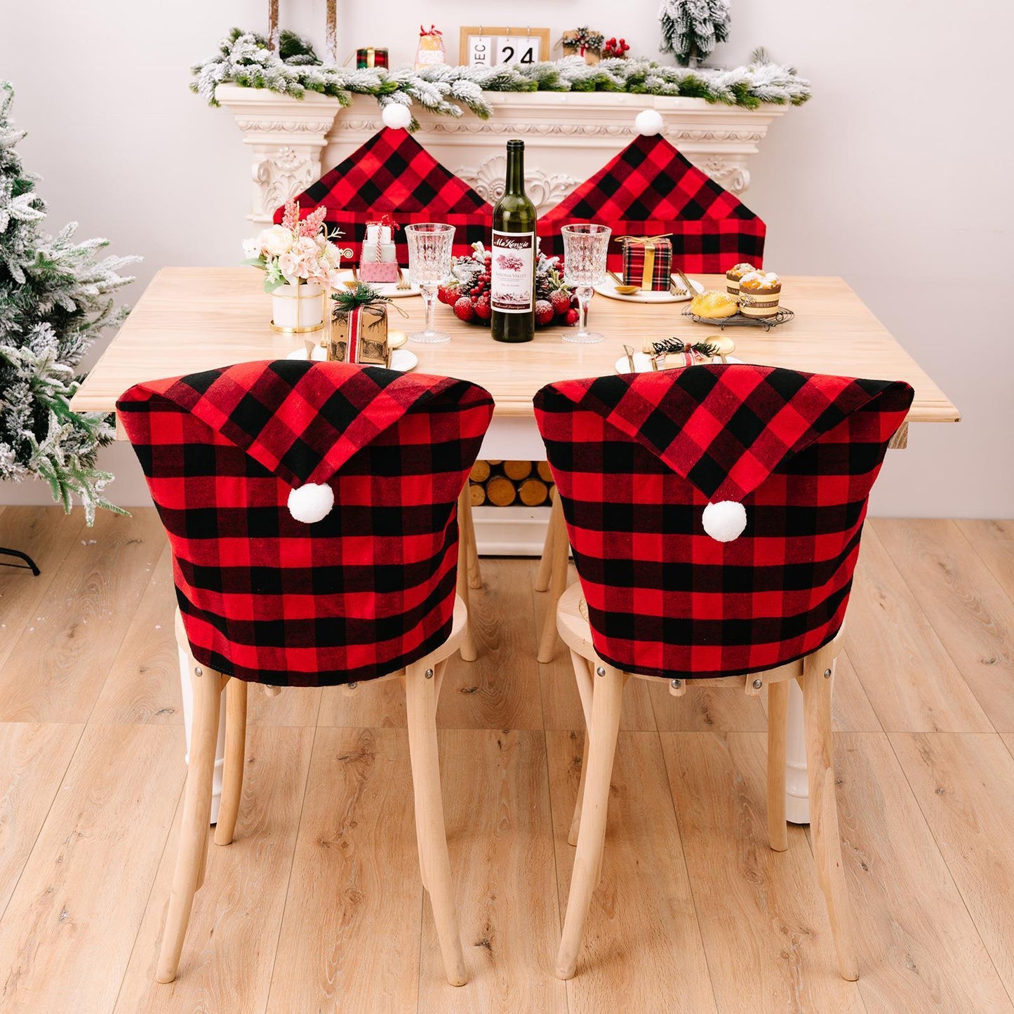 Christmas Season New Home Decorations Red Black Plaid Ribbon White Fur Ball Chair Cover