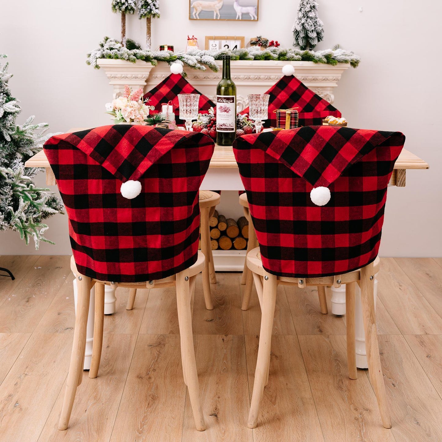 Christmas Season New Home Decorations Red Black Plaid Ribbon White Fur Ball Chair Cover