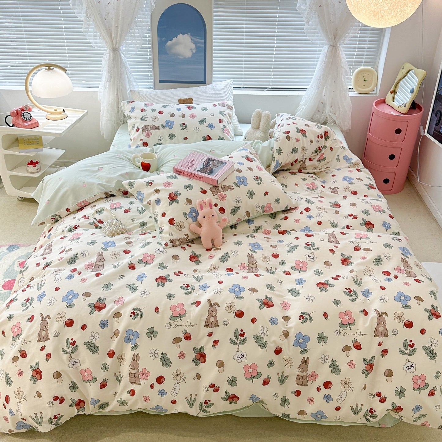 Ensemble de quatre pièces en coton, lapin Floral mignon, housse de couette en coton pastorale, drap de lit, ensemble de trois pièces