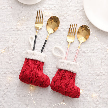 Christmas Red Knife And Fork Set Mini Knitted Socks Home Creative Tableware Bag