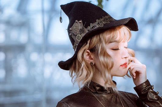 Chapeau de sorcière d'Halloween Steampunk pour femme en laine tricotée noire pour costume de mascarade de fête Cosplay