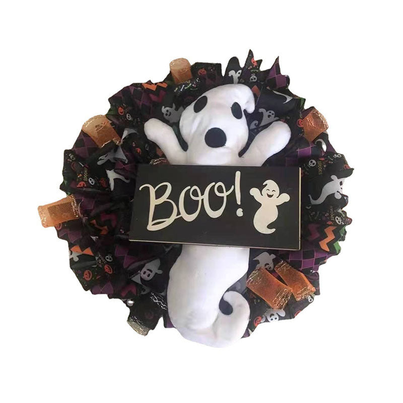 Corona de Halloween BOO Farmhouse-Ghost Wreath Decoración de pared interior para puerta de entrada al aire libre Panal Fantasma Globo sonriente para Halloween