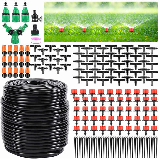 Kit de riego por goteo para jardín, kit de sistema de riego por goteo microautomático para invernadero de 164 pies con manguera de distribución en blanco, boquilla de nebulización ajustable para patio, emisores, púa de rociador 