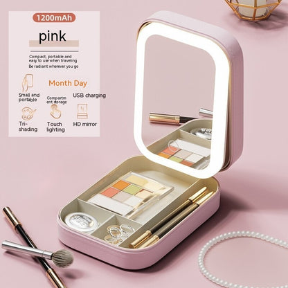 Caja de almacenaje para maquillaje con espejo de luz LED, caja de almacenamiento portátil para maquillaje y cosméticos, organizador de almacenamiento con luz táctil