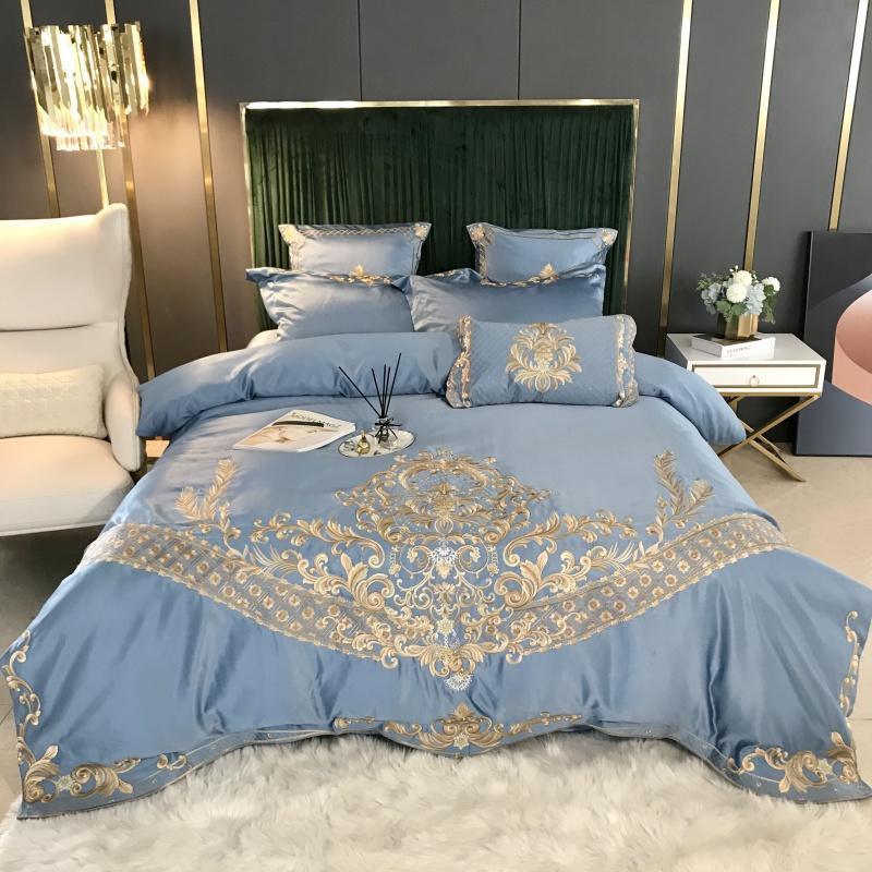 Parure de lit et housse de couette en coton Tencel brodée en quatre pièces