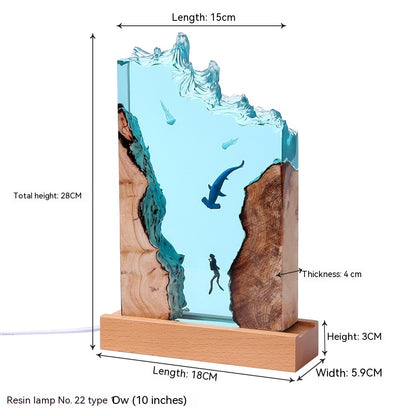 Décoration artistique de plongée en baleine, ornement de maison, veilleuse en résine et bois massif