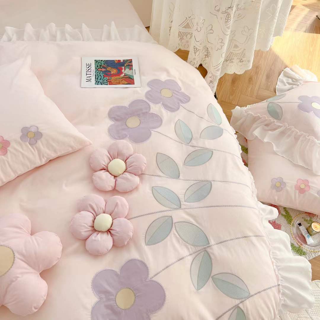 Housse de couette en coton, drap de lit, broderie florale tridimensionnelle, quatre pièces