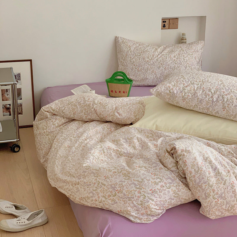 Juego de cama femenino de verano de 4 piezas con cama de algodón floral pequeña para jardín