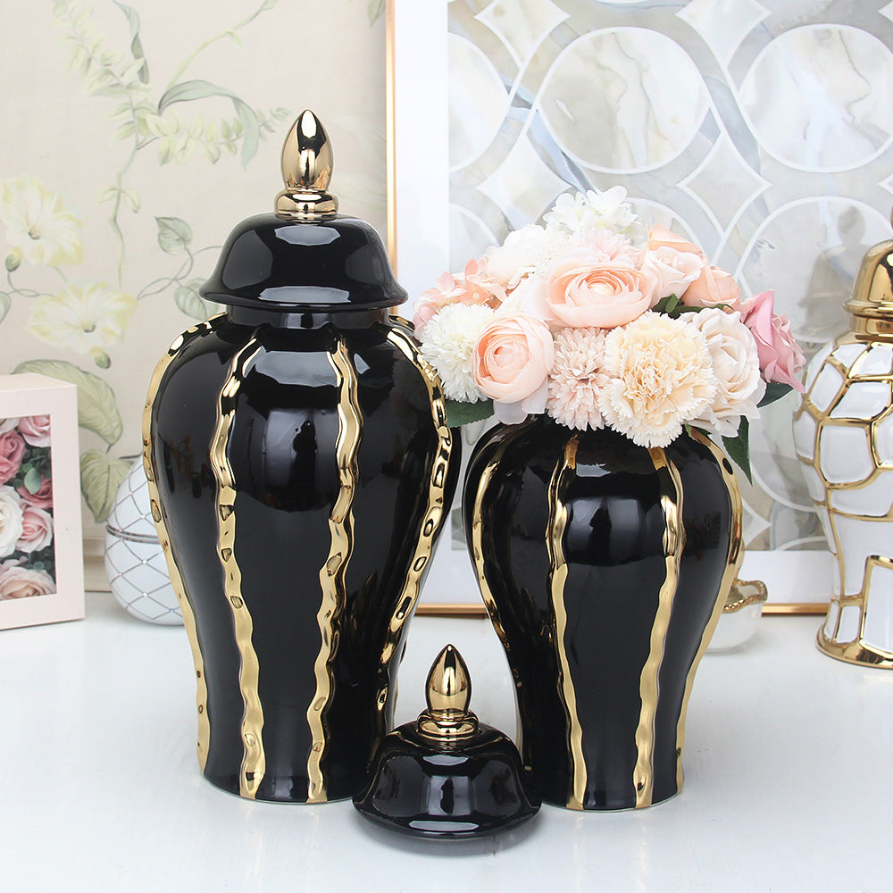 Ceramic Black Gold Pattern Temple Jar Ornaments