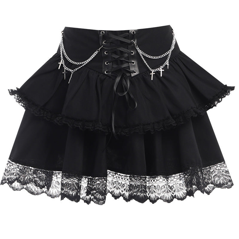 Halloween Party Style Slim Chain Cross Double Layer Gothic Skirt Women