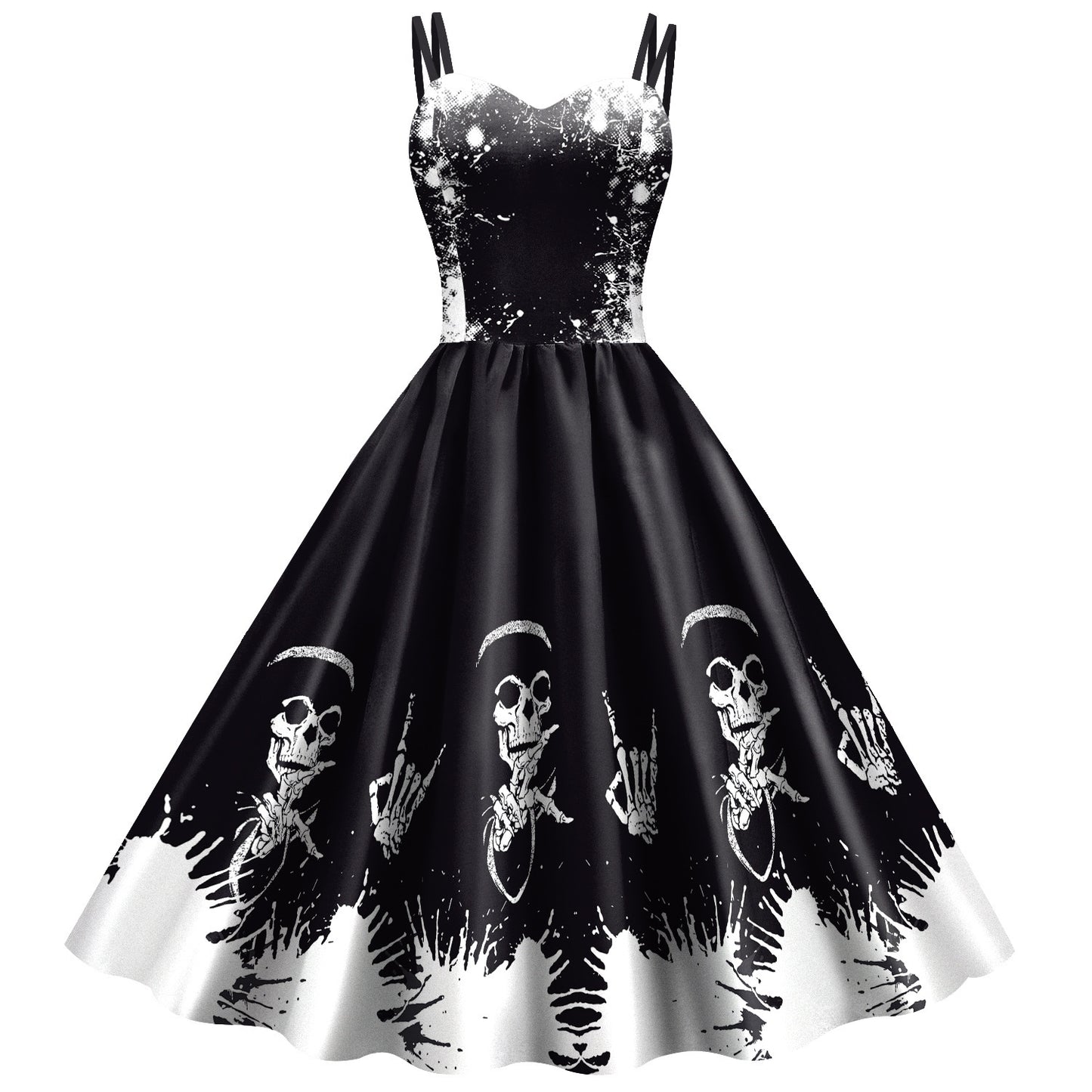 Vestido con estampado digital de calavera y esqueleto con falda y tirantes de estilo nuevo para Halloween