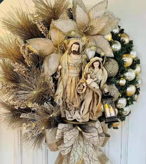 Escena de decoración navideña, accesorios para la decoración, corona navideña de Jesús