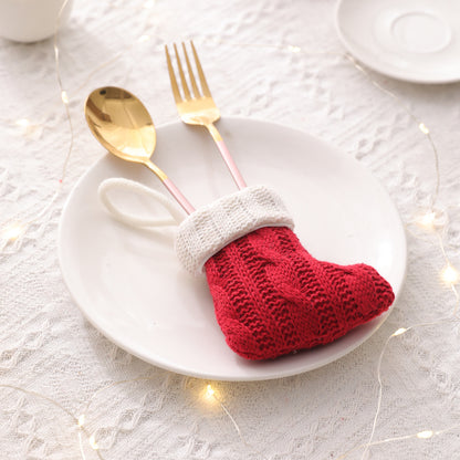 Christmas Red Knife And Fork Set Mini Knitted Socks Home Creative Tableware Bag