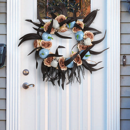 Corona de esqueleto de calabaza para Halloween para colgar en la puerta