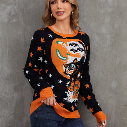 Loose Sweater Round Neck Pullover Halloween Jacquard Women's Sweater