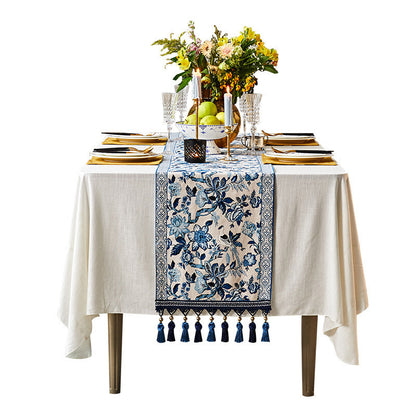 Table en porcelaine bleue et blanche, Style drapeau, tissu de Table à thé, coton et lin